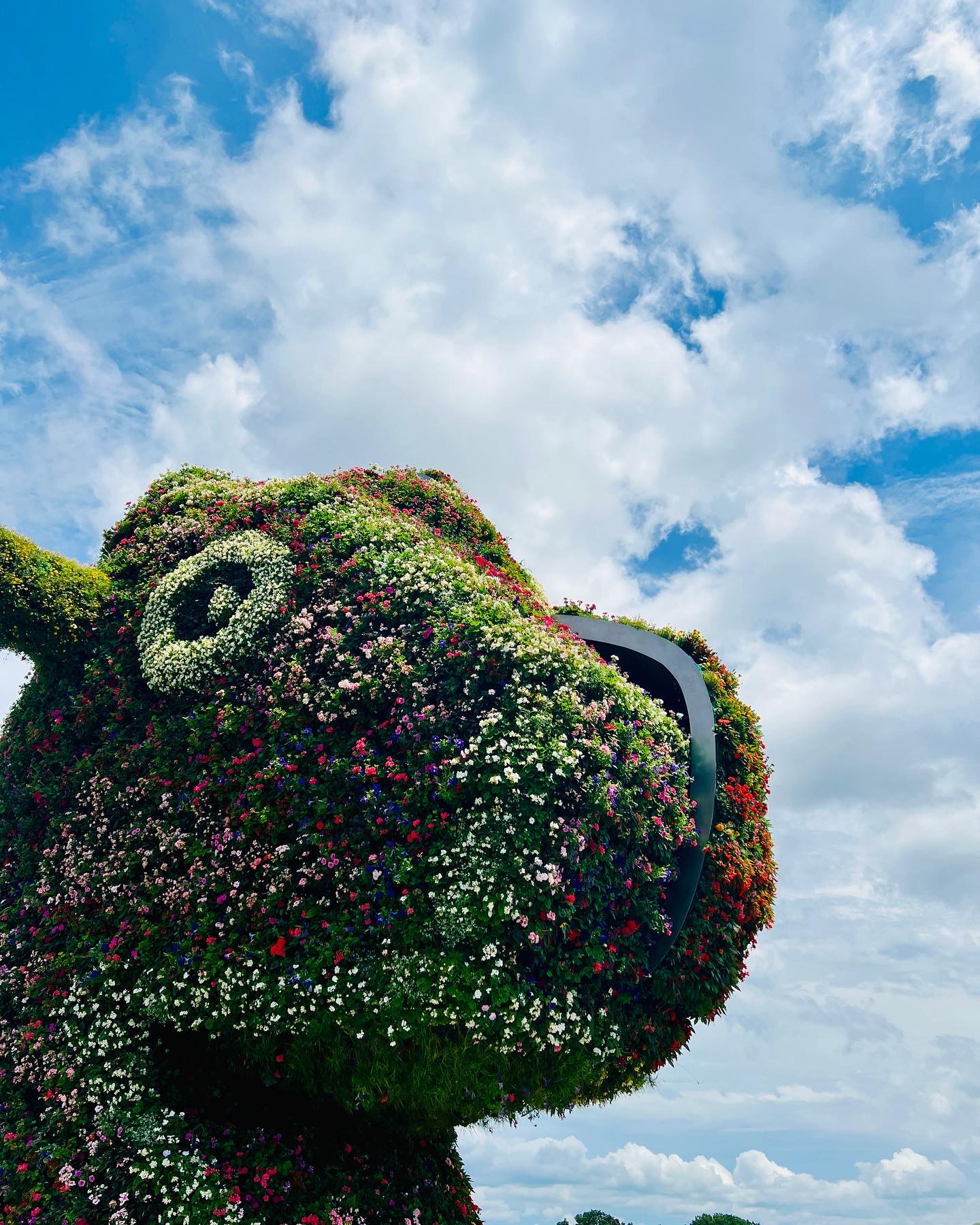 Glenstone Museum 야외 정원에 전시된 대형 플라워 조각 작품과 여름 하늘, Global Sally가 직접 촬영한 2023년 8월 글렌스톤 미술관 풍경